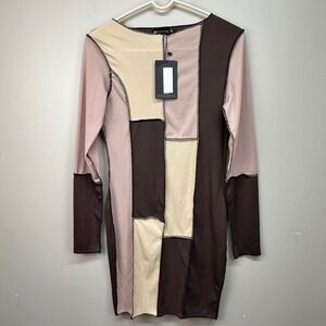 PrettyLittleThing Ribbed Patchwork Mini Dress Brown Tan Mauve USA 10 NWT